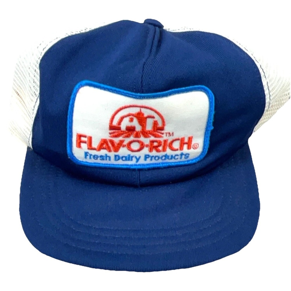Vintage  Trucker Hat Cap Snap Back Blue USA 80s 90s Patch Flav O Rich Dairy Farm